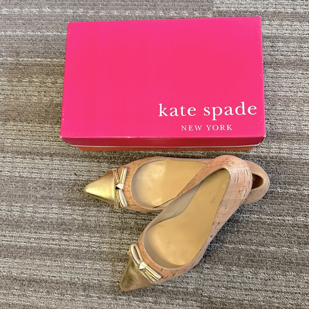 Kate Spade Pellina Too gold fleck cork and metallic napa heels, size 9.5.